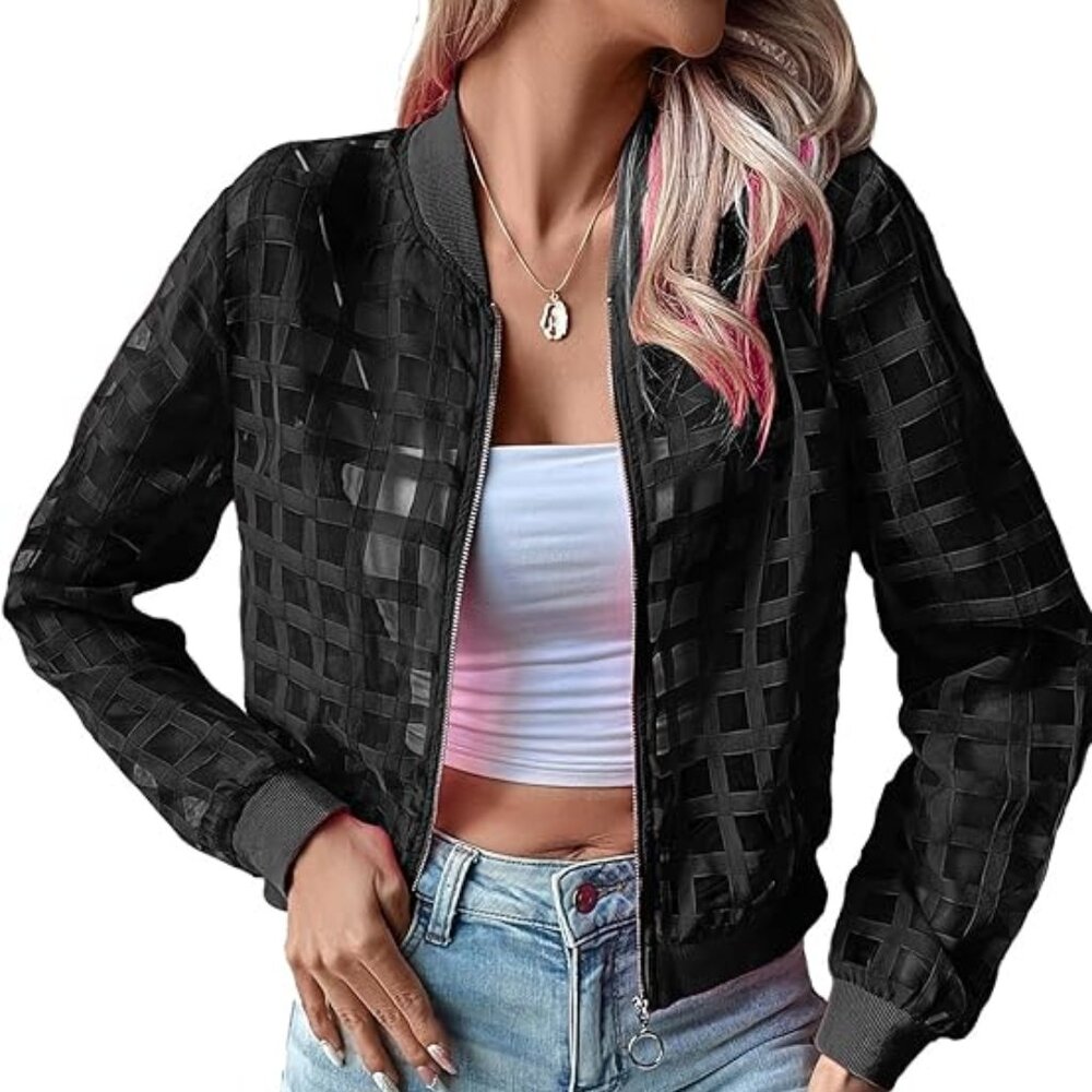 new stunning sheer bomber jacker cropped (4-colors) SM-XL  party concert CASUAL